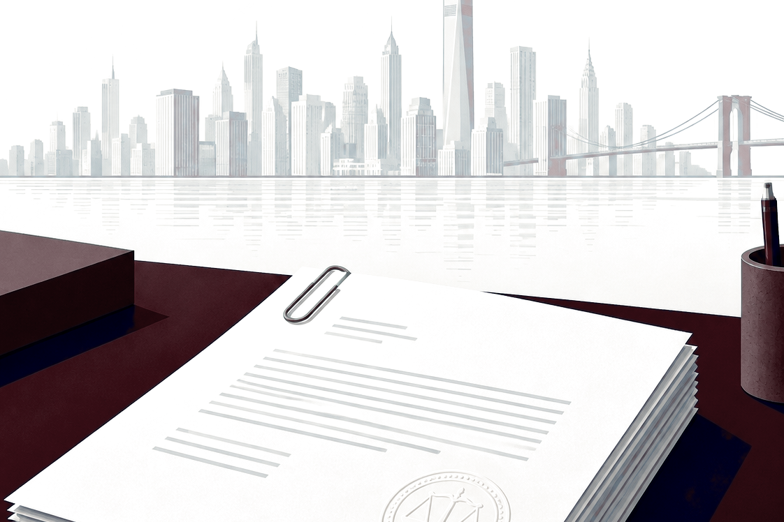 Illustration of prepared legal documents with a New York skyline